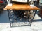 WOOD-TOP SOFA/CONSOLE TABLE WITH METAL BASE; BLACK BASE WITH COPPER COLORED PINE CONE ACCENTS.