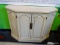 RUSTIC HALL TABLE WITH CABINETS; CREAM COLORED RUSTIC CABINET WITH TWO FRONT CABINET DOOR WITH LONG