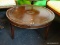 VINTAGE MAHOGANY LEATHER TOP COFFEE TABLE; ROUND COFFEE TABLE WITH LEATHER TOP, AND FLORAL INLAY.