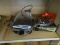 (B1A) ASSORTED HALF SHELF LOT; INCLUDES A BEST EVER BRAND ELECTRIC IRON, A VALIANT TRAVEL IRON IN