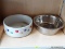 (B1B) 2 PIECE LOT; INCLUDES A LARGE PAW PRINT PAINTED DOG DISH, AND A PAIR OF STAINLESS STEEL DOG