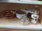 (B1B) ASSORTED LOT; INCLUDES A MARIGOLD DIVIDED LEAF PATTERN DISH, A 2 CUP MIXER, PAIR OF LEAF