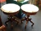 ROUND MARBLE TOP VICTORIAN SIDE TABLES; HAVE WHITE AND GRAY MARBLE TOPS AND MEASURE 14 IN X 19 IN.