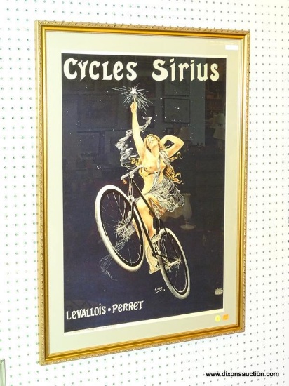 FRAMED VINTAGE FRENCH BICYCLE ADVERTISEMENT; "CYCLES SIRIUS" ADVERTISEMENT SHOWS A NUDE WOMAN ON A