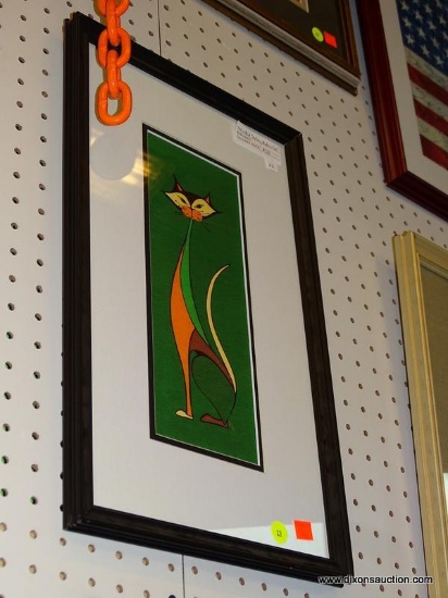 MID CENTURY MODERN CAT PRINT; THIS PRINT SHOWS A MULTI-COLOR SIAMESE CAT ON A GREEN BACKGROUND. IT