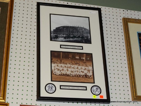 NEW YORK YANKEES FRAMED PRINT; THIS PRINT SHOWS TWO IMAGES, ONE IS FROM THE 1923 OPENING DAY AT