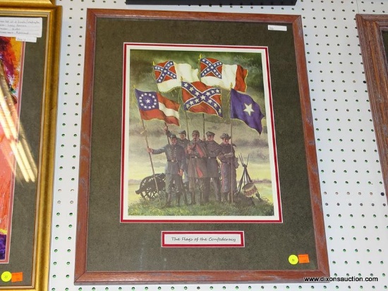 FRAMED CIVIL WAR PRINT; "THE FLAGS OF THE CONFEDERACY" THIS PRINT SHOWS 5 DIFFERENT CONFEDERATE