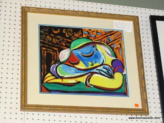 PABLO PICASSO FRAMED PRINT; THIS PRINT " SLEEPING GIRL" BY PABLO PICASSO SHOWS A MULTI-COLORED WOMAN