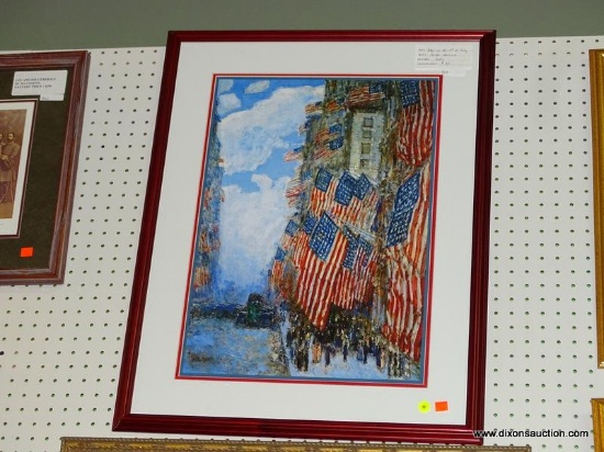 FRAME FREDERICK CHILDE HASSAM PRINT; THIS PIECE TITLED "THE FOURTH OF JULY" WAS DONE IN 1916 BY