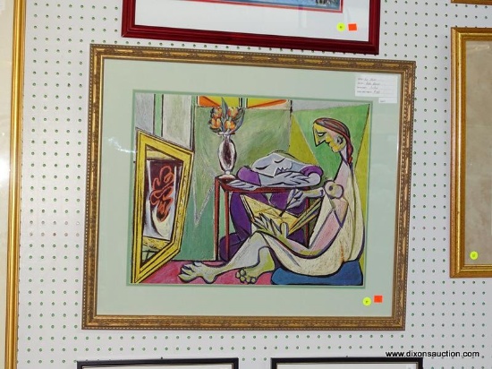 PABLO PICASSO FRAMED PRINT; THIS PRINT "LA MUSE" BY PABLO PICASSO SHOWS A WOMAN AND AN ARTIST.