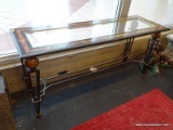 GLASS TOP SOFA TABLE WITH INLAID BORDERS AND WROUGHT IRON TRESTLE BASE; RECTANGULAR BEVELED GLASS