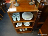 SMALL WOODEN STORAGE SHELF; 3 SHELF UNIT, WITH GLOSSY VARNISHED LOOK, FEW SCRATCHES THAT WOULD BE