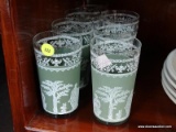 LIGHT GREEN GREEK GODDESS GLASS TUMBLERS; TOTAL OF 7 PIECES. EACH HAS A PORTRAIT PRINTED SIDE IMAGE