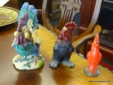 3 PIECE ROOSTER LOT; INCLUDES COMPOSITE ROOSTER FIGURINE MEASURING ABOUT 6 IN TALL, ONE FROM STONE