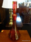 RUBY RED ETCHED GLASS DECANTER; STOPPER CAN BE UPENDED TO DOUBLE AS A GLASS WITH SNIFTER SHAPED