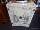 CREAM COLORED VINTAGE CHINOISERIE WARDROBE; IVORY COLORED ENAMEL FINISH WITH ENGRAVED VINE PATTERNED