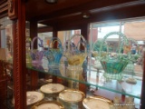 PASTEL GLASS DECORATIVE BASKETS; TOTAL OF 5 PIECES. GREEN, PURPLE, BLUE, YELLOW, AND TEAL. EACH HAS