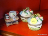 COLLECTIBLE PORCELAIN TRINKET BOX LOT; TOTAL OF 3 PIECES. 2 ARE MATCHING BASKETS OF TULIPS WITH