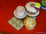 COLLECTIBLE PORCELAIN TRINKET BOX LOT; TOTAL OF 4 PIECES INCLUDING A DECORATED BIRTHDAY CAKE ON A