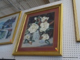 LARGE MAGNOLIA STILL LIFE; THIS FRAMED STILL LIFE SHOWS MAGNOLIA FLOWERS IN A BLUE AND WHITE VASE.