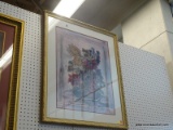 LARGE FLORAL STILL LIFE; THIS LARGE FRAME PRINT DEPICTS MULTICOLORED FLOWERS IN A BLUE VASE WITH