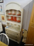 COUNTRY CHIC CREAM AND TAN HUTCH;TWO PIECE HUTCH WITH ARCHED TOP, TWO SHELVES WITH ALTERNATING TAN