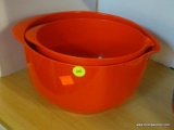SET OF VINTAGE ROSTI MIXING BOWLS; SET OF TWO ORANGE-RED MELAMINE MIXING BOWLS WITH POUR SPOUTS MADE