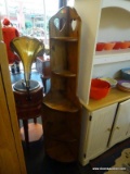 VINTAGE TIERED CORNER SHELF; 5 TIERED CORNER SHELF WITH TWO HEART CUT OUTS AT THE TOP. SITS ON THE