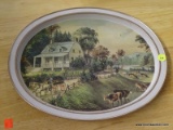 VINTAGE CURRIER AND IVES TIN PLATE; THIS PIECE IS AN OVAL TIN WITH 
