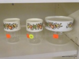 VINTAGE PYREX WARE CANISTERS; 3 PIECE LOT OF PYREX WARE SPICE O'LIFE CANISTERS. CONTAINS TWO 4 IN X