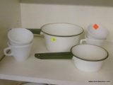 VINTAGE KITCHEN LOT; 6 PIECE LOT TO INCLUDE 4 WHITE CORNING TEA CUPS AND TWO SMALL WHITE AND GREEN