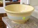 OVEN WARE MIXING BOWL; VINTAGE WATT OVEN WARE #9 TAN MIXING BOWL WITH MINT GREEN CENTER STRIPE.