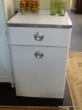 VINTAGE COUNTER UNIT; WHITE MARBLE LOOK METAL TOP WITH BRUSHED METAL EDGING, SINGLE DRAWER WITH