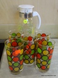 VINTAGE DRINKWARE LOT; THIS 6 PIECE LOT INCLUDES A GLASS JUICE PITCHER WITH LEMONS AND LIMES ON IT