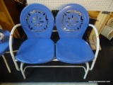 VINTAGE METAL PATIO GLIDER; BLUE AND OFF WHITE METAL OUTDOOR PATIO GLIDER WITH PIERCED PATTERNED