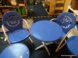 VINTAGE METAL PATIO SET; BLUE AND OFF WHITE METAL OUTDOOR 3 PIECE PATIO SET. THIS SET INCLUDES TWO