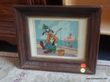 FRAMED DISNEY PRINT; VINTAGE 1990 WALT DISNEY PRINT SHOWING GOOFY FISHING IN A BUCKET. IT IS FRAMED