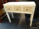 RUSTIC HALL TABLE; CREAM COLORED 3 DRAWER HALL TABLE WITH LINEN/BURLAP DRAWER FACES AND METAL RING