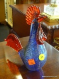 BLOWN GLASS ROOSTER; BEAUTIFUL BLOWN GLASS ROOSTER FIGURINE WITH BLUE, GOLD, AND WHITE SPECKLED
