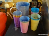 SET OF VINTAGE METAL DRINKWARE; THIS LOT CONTAINS 13 PIECES. ONE LARGE BLUE PITCHER, AND 12