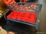 METAL OUTDOOR BENCH; BLACK METAL BENCH WITH CUT OUT HUMMINGBIRD AND FLORAL BACK AND RED BUTTON