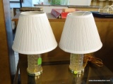 SET OF SMALL CRYSTAL TABLE LAMPS; SET OF 2 LAMPS, EACH HAS A PLEATED WHITE BELL SHAPED SHADE AND