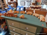 SET OF VINTAGE WOODEN TOYS; THIS LOT INCLUDES 3 WOODEN CARS, AND A WOODEN TRAIN WITH 6 CARS.