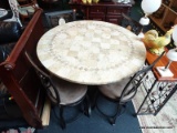 STONE TILE TOP ROUND TABLE AND BARSTOOLS; ROUND MARBLE AND TILE-LOOK TOP SITTING ON A BLACK METAL