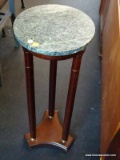 ROUND MARBLE TOP PLANT STAND; GREEN TOP SURFACE WITH 3 ROUND LEGS AND A PLATFORM BASE WITH BRASS