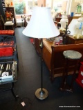 FLOOR LAMP; GUNMETAL GREY FLOOR LAMP WITH WHITE BELL SHAPED LAMPSHADE AND ROUND BASE. MEASURES 19.5