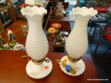 VTG MILK GLASS HURRICANE LAMPS; TOTAL OF 2, A MATCHING PAIR. EACH HAS HURRICANE SHAPED GLOBES AT TOP