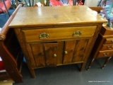 ANTIQUE SERVER; PINE SERVER WITH 1 DRAWER OVER 2 DOORS WITH BRASS HARDWARE. IS IN EXCELLENT