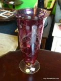 ETCHED CRANBERRY GLASS VASE; MEASURES 11 IN TALL AND IS IN EXCELLENT CONDITION!