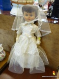 VINTAGE BRIDAL/COMMUNION DOLL; BRUNETTE GIRL DOLL WITH HAZEL EYES, WEARING AN ALL WHITE LACE GOWN,